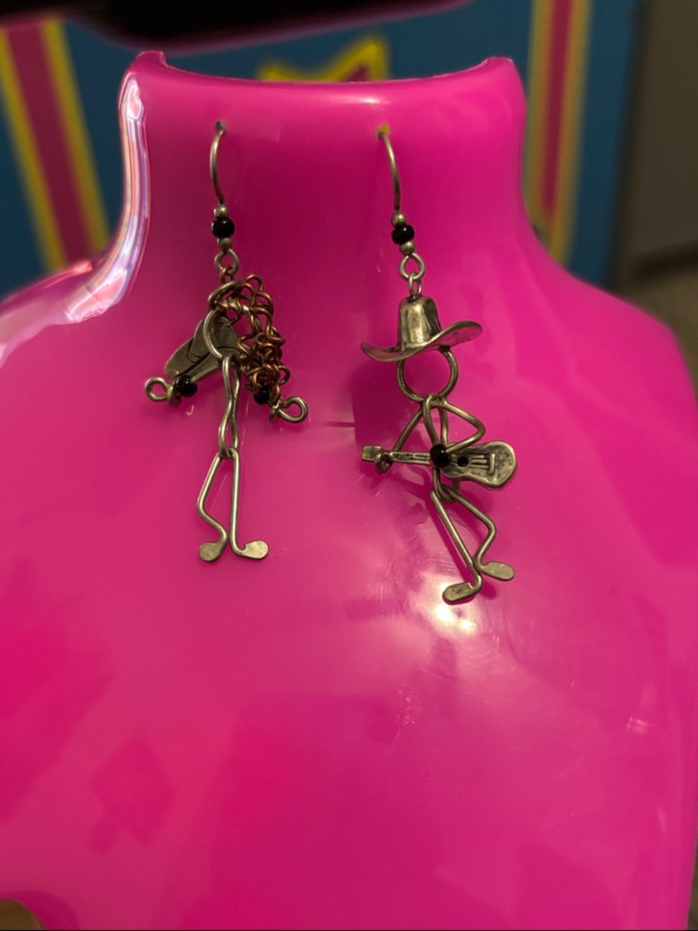 Sterling silver earrings man playing guitar woman dancing handmade marked cowboy